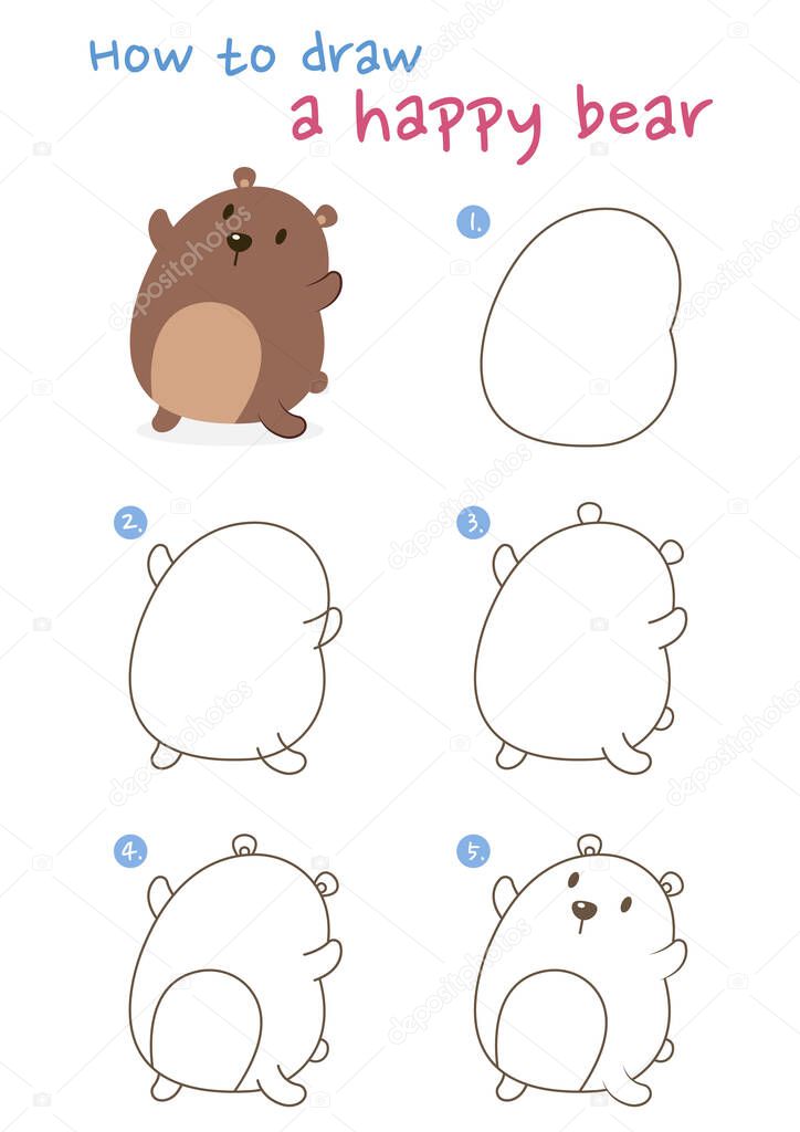 How to draw a happy fat bear vector illustration. Draw happy fat bear step by step. Cute and easy drawing guide.