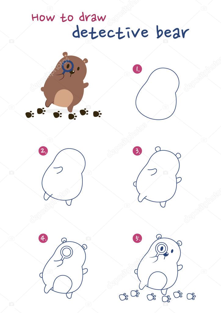 How to draw a detective bear vector illustration. Draw a detective bear step by step. Cute and easy drawing guide.