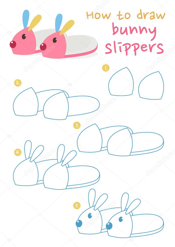 How to draw bunny slippers vector illustration. Draw slipper shoes step by step. Cute and easy drawing guide.