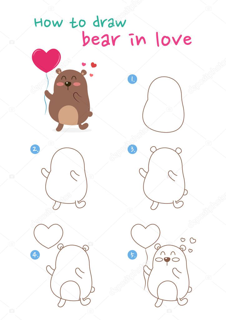 How to draw bear in love holding heart shape balloon vector illustration. Draw funny bear step by step. Cute and easy drawing guide.