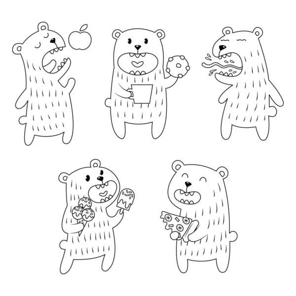 Sada Nenasytný Medvěd Bezbarvý Kreslený Izolované Bílém Pozadí Vtipné Chamtivý — Stockový vektor
