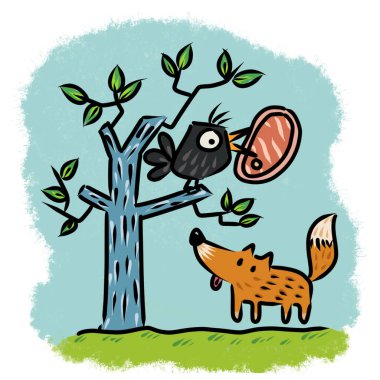 The fox and the crow picture for story book. Aesop's fable illustration. Cute illustration cartoon for fairy tale story and book. 