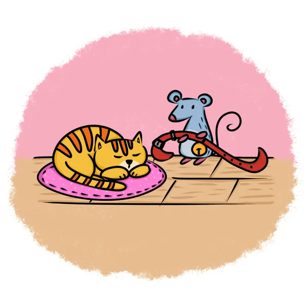 Belling the cat picture for story book. Aesop\'s fable illustration. Cute illustration cartoon for fairy tale story and book.