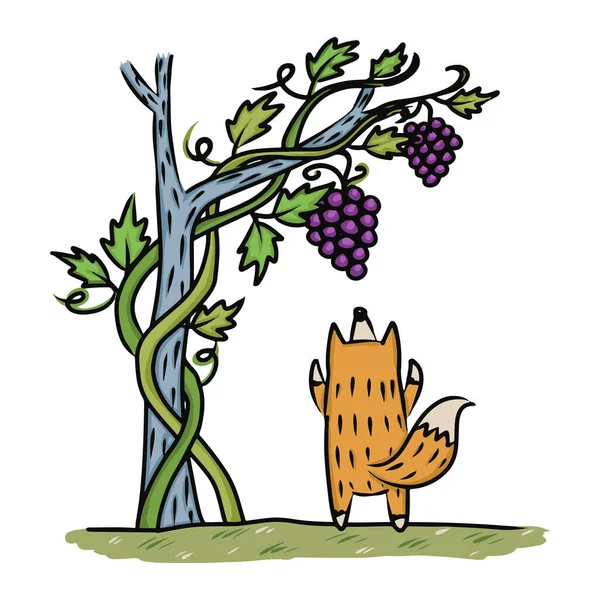 Hikaye kitabı için Tilki ve Üzüm vektör çizimi. Ezop 'un fal illütü saydam arkaplan. Peri masalı ve kitap için güzel bir çizim..