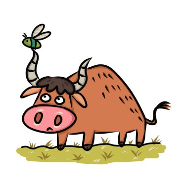 The gnat and the bull vector illustration for story book. Aesop's fable illustration transparent background. Cute illustration cartoon for fairy tale story and book. 