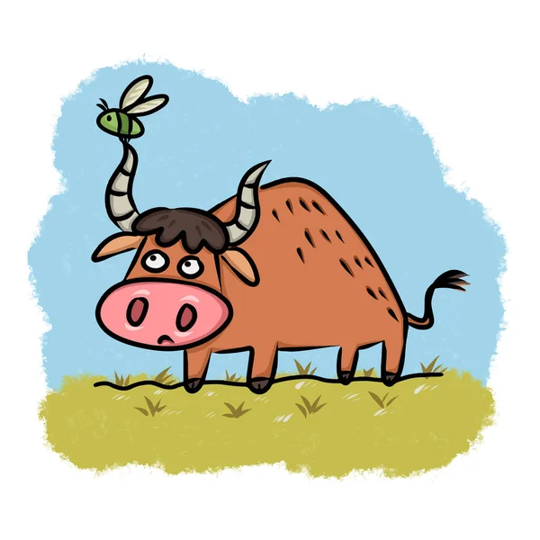 Gnat Bull Picture Story Book Aesop Fable Illustration Cute Illustration —  Vetores de Stock