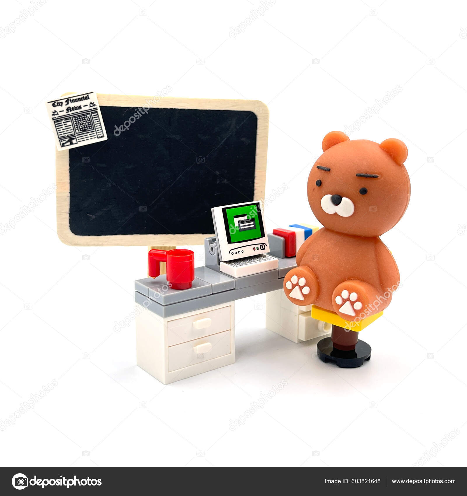 Salary Bear Sitting Office Table Blackboard Lego Figure Photography