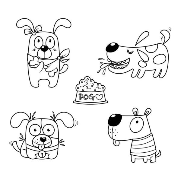 Набор Милых Смешных Собак Векторной Иллюстрацией Пищевой Миски Рисунок Изолирован — стоковый вектор