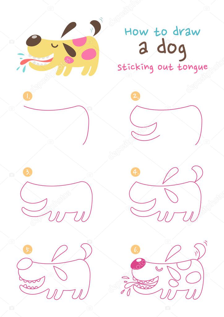 How to draw a dog sticking out tongue vector illustration. Draw a dog sticking out tongue step by step. Cute and easy drawing guide.