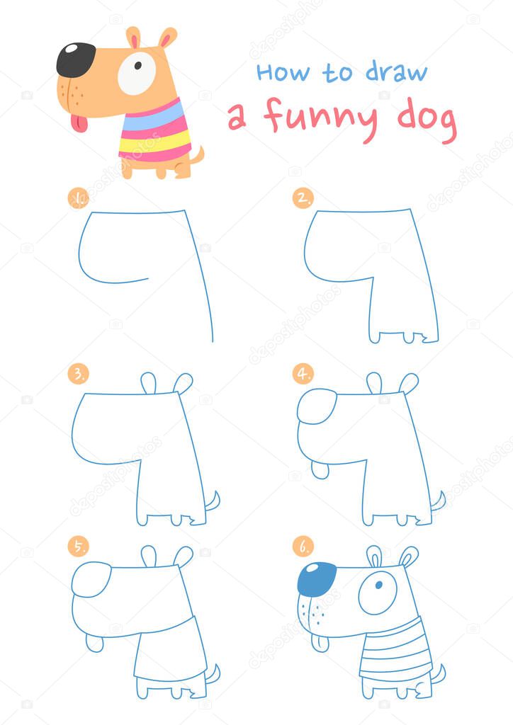 How to draw a funny dog vector illustration. Draw a funny dog step by step. Cute and easy drawing guide.