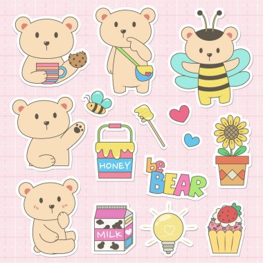 Set of cute bear vector illustration pastel cartoon. Cute animal stickers vector cartoon.