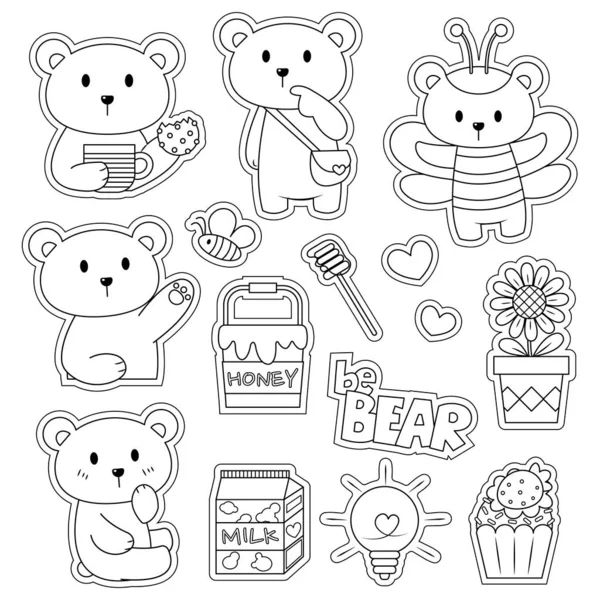 Set of cute bear vector illustration cartoon. Cute animal stickers vector cartoon for coloring and cut out.