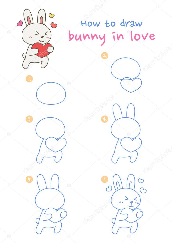How to draw a bunny in love vector illustration. Draw a bunny in love step by step. Cute and easy drawing guide.