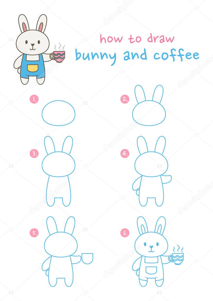 How to draw bunny holding coffee cup vector illustration. Draw rabbit holding coffee cup step by step. Cute and easy drawing guide.