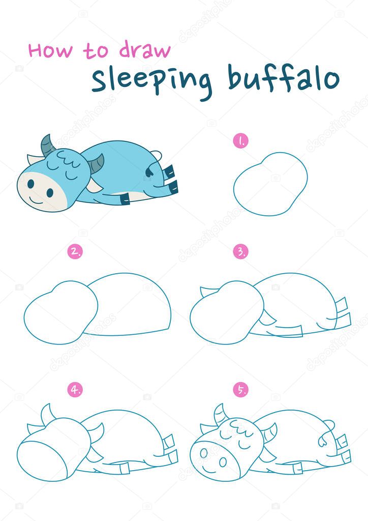 How to draw sleeping buffalo vector illustration. Draw lazy buffalo step by step. Cute and easy drawing guide.