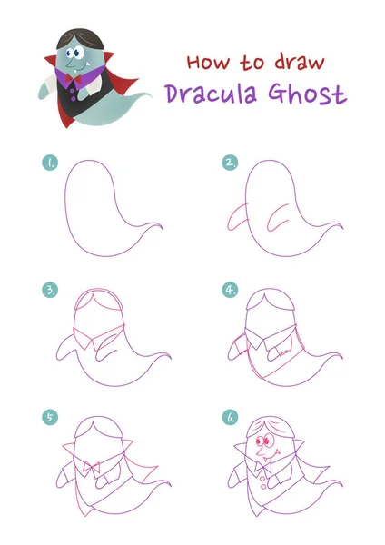 Jak Nakreslit Halloween Drákulový Duch Vektorové Ilustrace Krok Krokem Kreslit — Stockový vektor