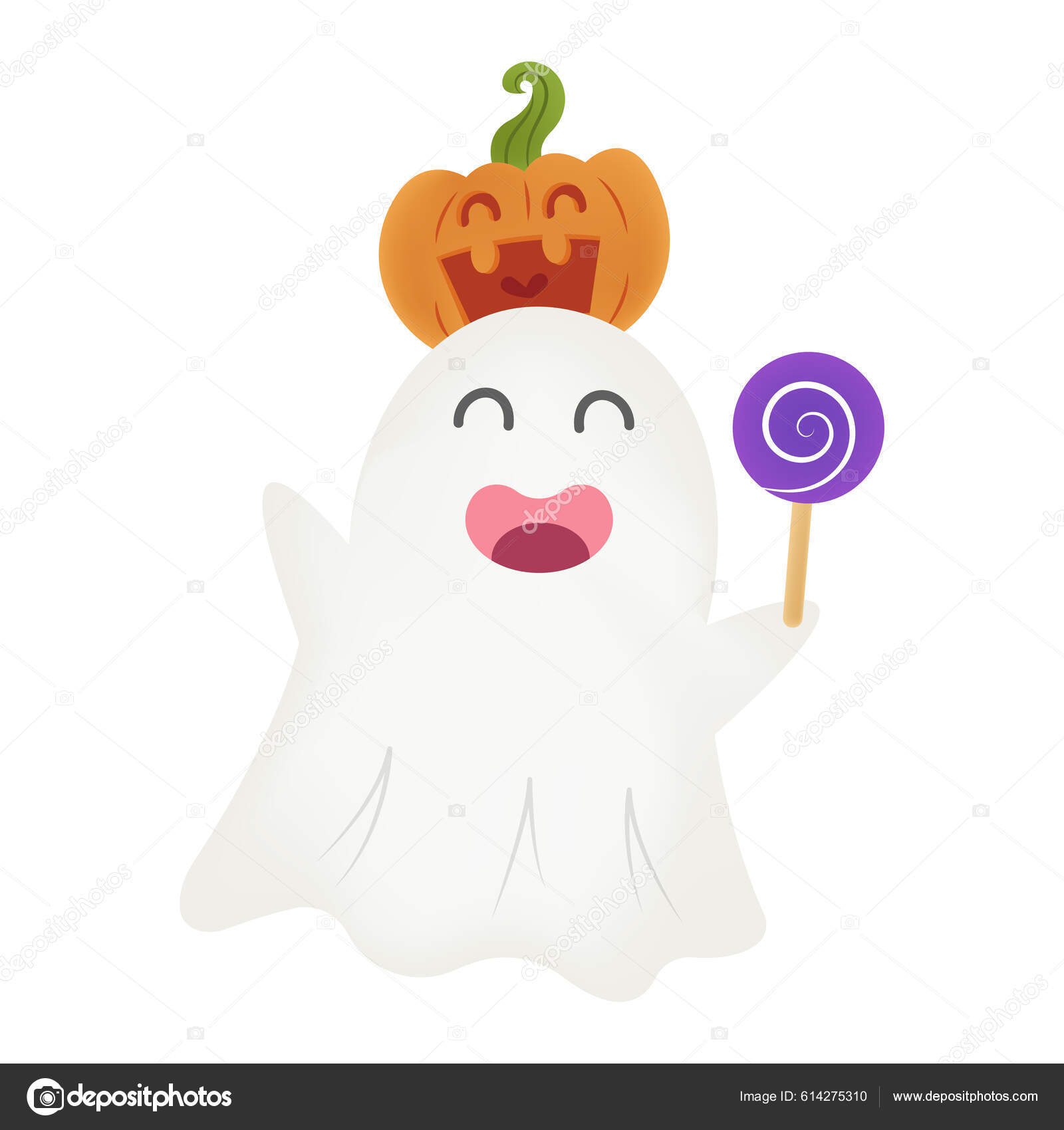 ハッピーハロウィンの小さな幽霊がロリポップを保持する ジャック オランタンとキャンディベクトルイラスト漫画のハロウィンゴーストは 白い背景に隔離された  ストックベクター ©NutkinsJ 614275310, image size:1600x1700