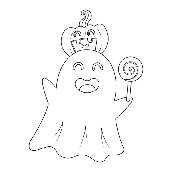Boldog Halloween Kis Szellemet Nyalókával Kezében Halloween Szellem Jack Lámpás — Stock Vector