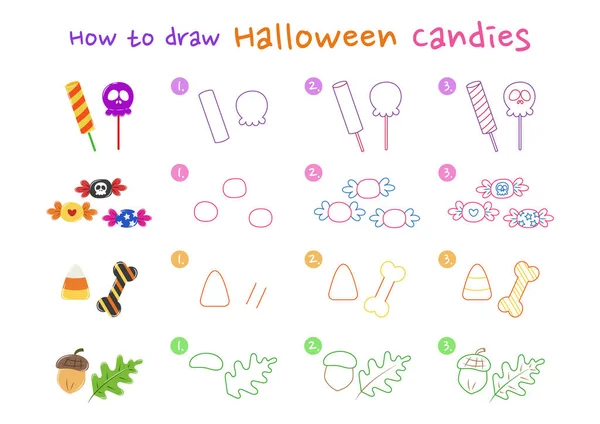 Jak Kreslit Halloween Bonbóny Vektorové Ilustrace Kreslit Halloween Bonbóny Krok — Stockový vektor