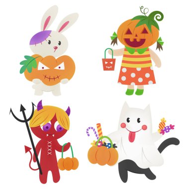 Cadılar Bayramı çocukları beyaz arka planda izole edilmiş kostüm vektör çizgi filminde. Cadılar Bayramı çocukları şeker mi şaka mı kostümü içinde tavşan zombisi, fener, şeytan ve kara kedi hayalet de dahil..