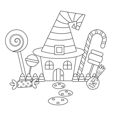 Cadılar Bayramı perili evi şekerler ve tatlı vektör çizimleriyle şekillendirilmiş. Beyaz arkaplanda şirin Cadılar Bayramı vektör karikatürü. 
