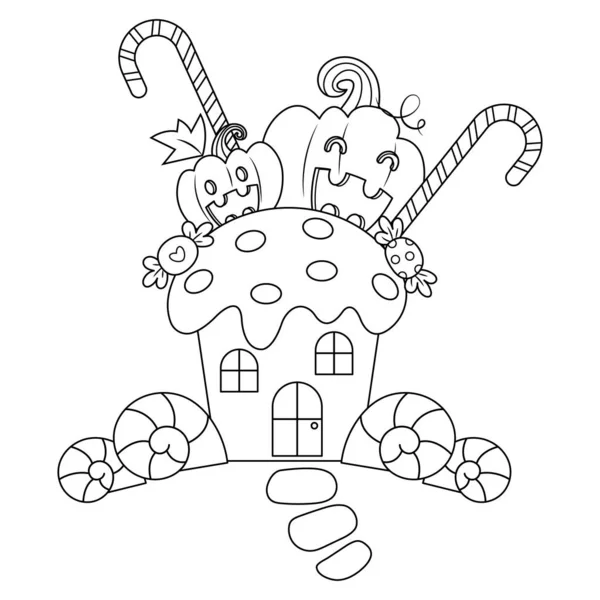 케이크 할로윈 Cupcake Halloween 캔디와 만화가 배경의 귀여운 핼러윈 — 스톡 벡터