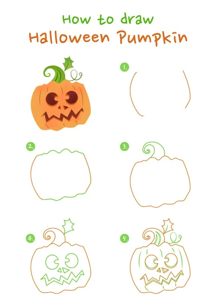 Hoe Tekenen Halloween Pompoen Vector Illustratie Teken Jack Lantaarn Stap — Stockvector