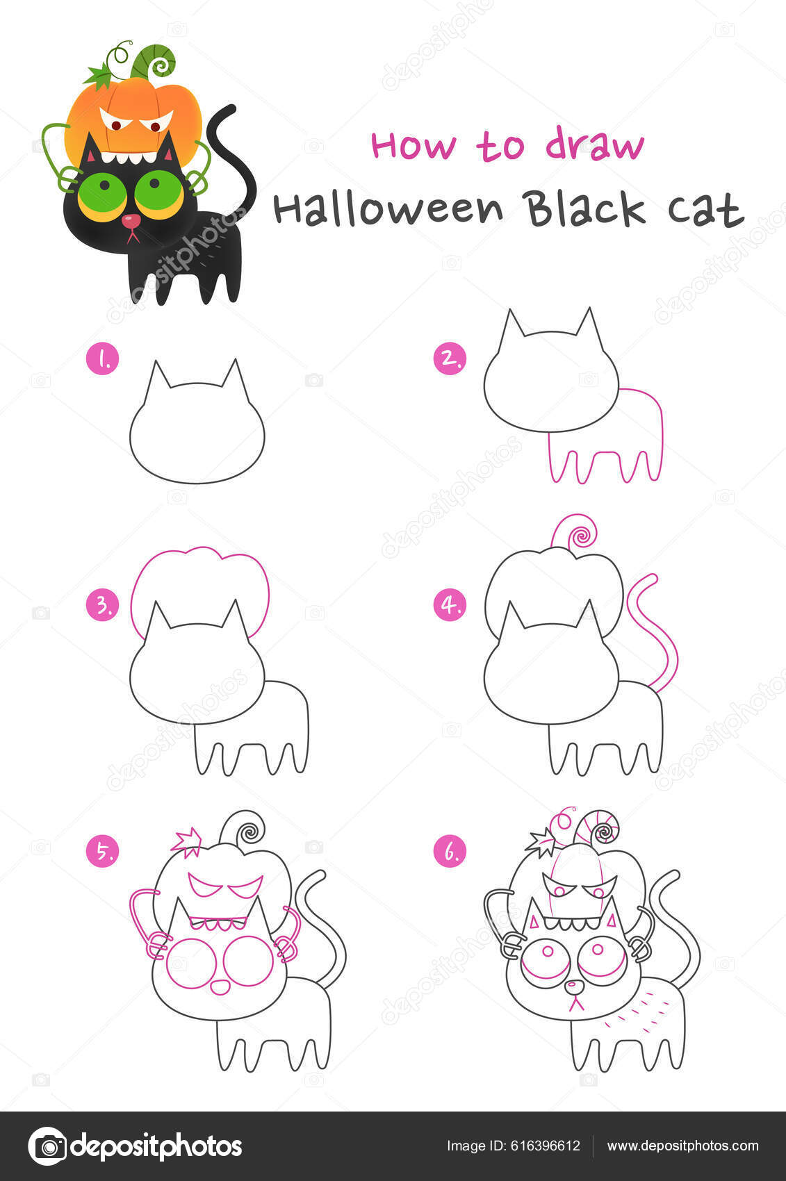 Hvordan Tegne Halloween Svart Katt Med Gresskarmonsterillustrasjon Tegn  Halloween Svart stockvektor © NutkinsJ #616396612, image size:1131x1700