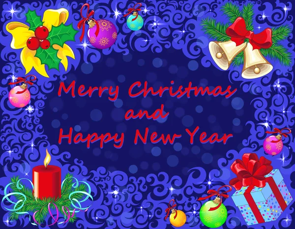 Koyu mavi arka planda Noel ve Yeni Yıl sembolleri ve yıldızlı tebrik kartı