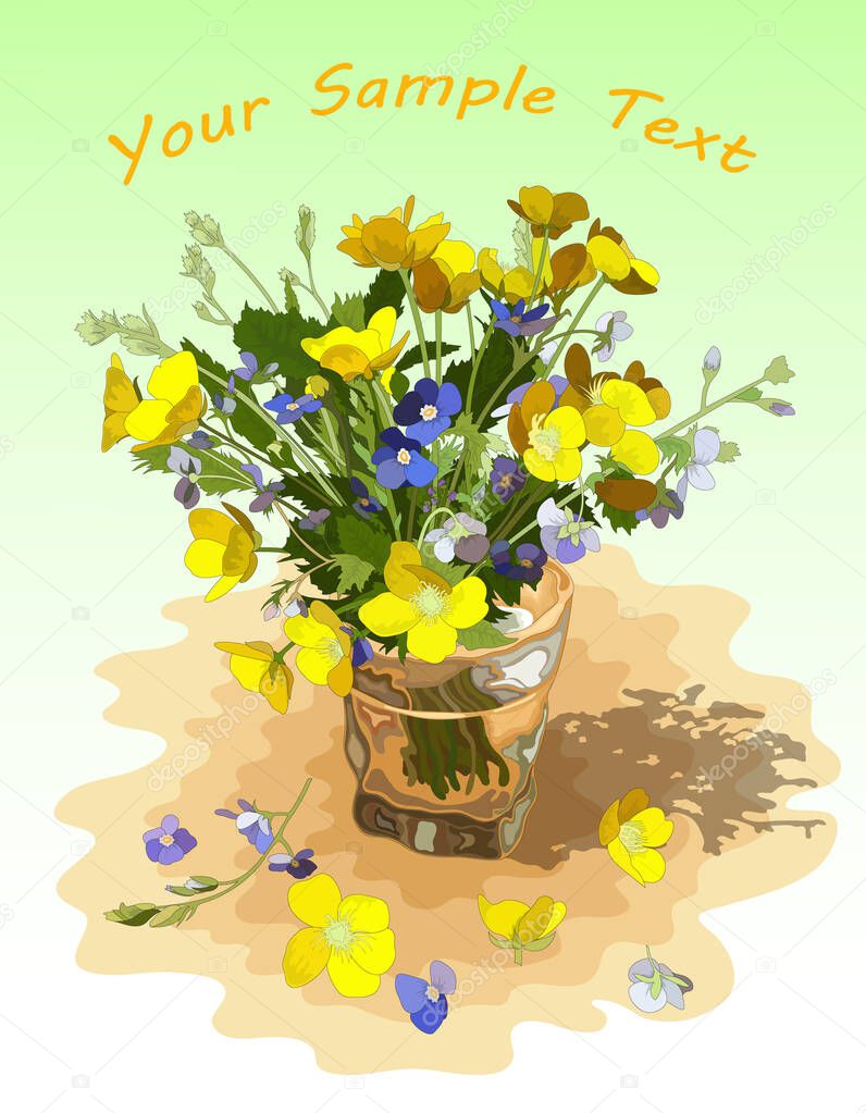 Greeting card with a bouquet of buttercups and forget-me-nots on a light green background