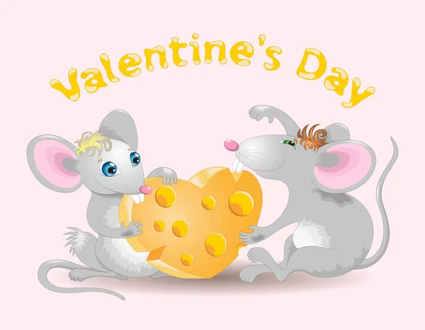 Valentine's Day greeting card with funny cartoon mice and a piece of delicious cheese