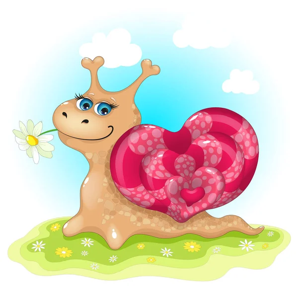 Cheerful cartoon snail with a chamomile in his mouth against a blue sky and a green meadow