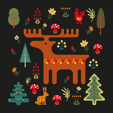 Siyah arka planda bir geyiğin stilize edilmiş figürü, tasarım için bitki ve hayvan unsurları ile çevrili.