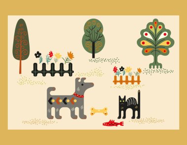 Hafif bir arka planda kırsal yaşam elementleri olan bir kedi ve köpeğin stilize edilmiş figürleri.