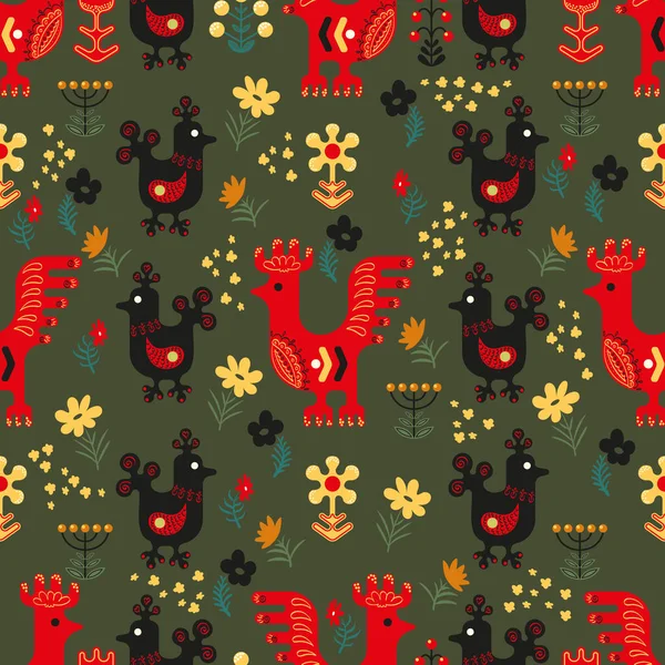 Seamless Pattern Stylized Red Roosters Elements Flora Fauna Dark Green — Stock Vector