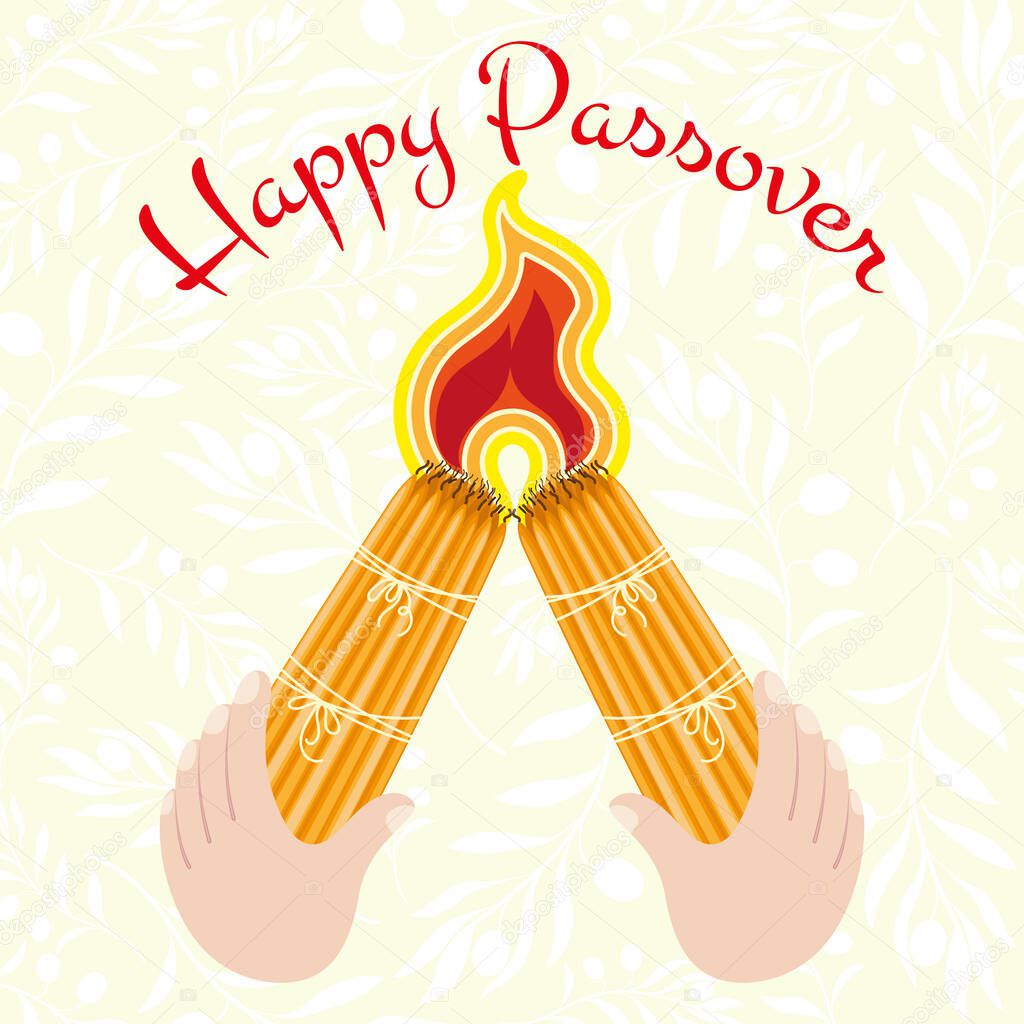 Passover card with two bunches of traditional burning candles on a light background with olive branches