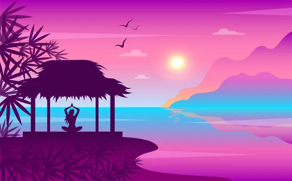 Gün batımlı manzara, deniz yüzeyi ve sahilde meditasyon yapan bir kız.