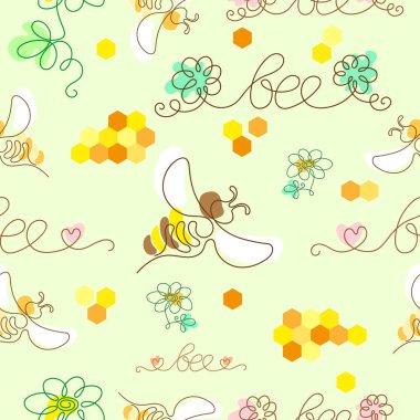 Dekoratif elementlere sahip arılar ve çiçekler arkaplanda kusursuz bir desen oluşturdular.