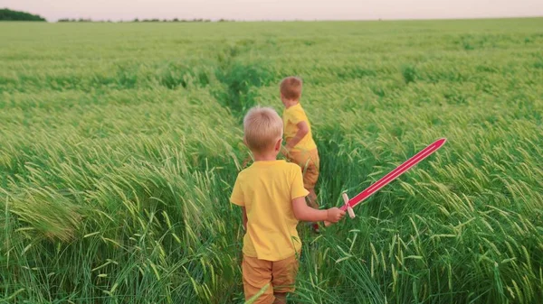 Çocuklar, çocuklar ellerinde kılıçlarla buğday tarlasında koşup ortaçağ şövalyelerini oynuyorlar. Çocuklar oyuncak kılıçla dövüşür. Çocuklar şövalyeleri oynar. Mutlu çocukluk kavramı. Genç çocuk süper kahramancılık oynuyor. — Stok fotoğraf