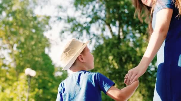 Mam, kind, zoon lopen samen langs het pad, hand in hand in het park. Gelukkige familie wandeling in het bos, kind, jongen, moeder buiten. Dromen, gelukkige familie, jeugd. Gelukkige familie en familie waarden concept — Stockvideo