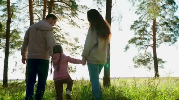 家族の週末子供時代。幸せな家族は春、夏に手をつないで、森の中を歩く。父、子、娘、母は公園で遊んでおり、幸せな子供は両親の手を握ってジャンプしています。チームワーク. — ストック動画