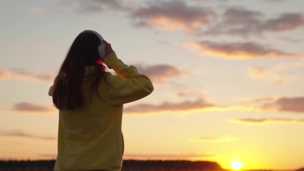 Healthy beautiful girl is engaged in fitness, jogging in country. Training jogging. Free young woman runs in summer in park at dawn listens to music with headphones. Jogger girl breathes fresh air — Stock Video