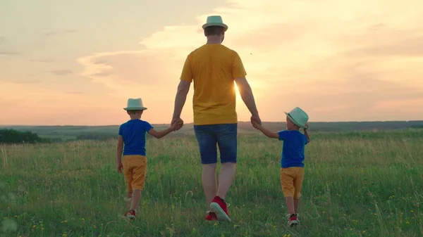 Pai e filhos andam de mãos dadas no campo, conceito de confiança e amor na família. Feliz passeio em família ao pôr-do-sol. O pai e as crianças andam de mãos dadas no parque ao sol. família feliz crianças sonhos. — Fotografia de Stock