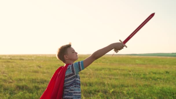 Um menino livre com um manto vermelho com uma espada na mão interpreta um cavaleiro medieval ao sol. Rapaz luta com uma espada de brinquedo. Criança joga super-heróis. Adolescente interpreta o espartano. Conceito de infância feliz. — Vídeo de Stock