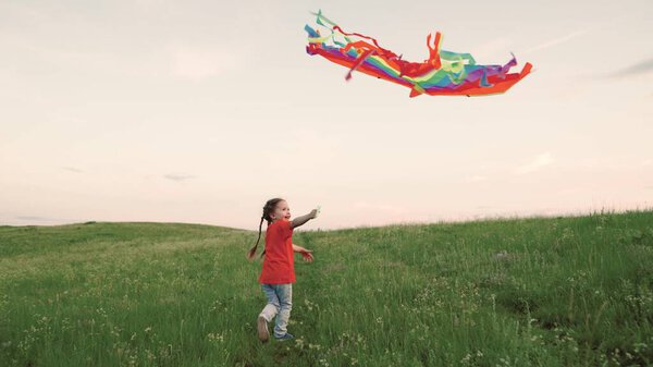 Child plays outdoors in park at sunset. A happy child, girl with kite in her hands, runs in summer on green grass. Childrens holiday. Happy family, childrens dreams. Child playing in nature.