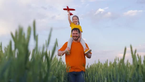 Η κόρη κάθεται στους ώμους του πατέρα της στο χωράφι με πράσινο σιτάρι, γεωργία, ευτυχισμένη οικογένεια, χαρούμενος πατέρας και παιδί τρέχουν μαζί, μικρό παιδί ονειρεύεται να πετάξει, κορίτσι γελάει με τους γονείς βόλτες του μωρού της — Αρχείο Βίντεο