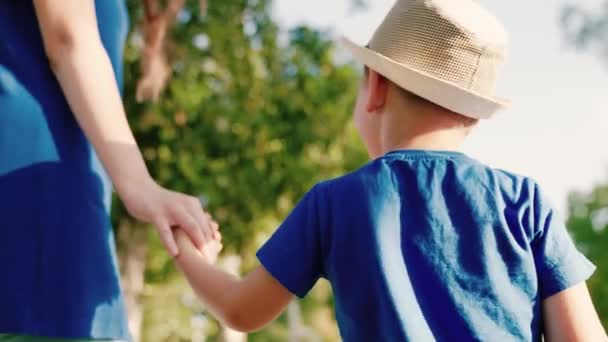 Mami, dítě, syn jdou spolu po pěšině, drží se za ruce v parku. Šťastná rodinná procházka v lese, dítě, chlapec, matka venku. Sny, šťastná rodina, dětství. Koncept šťastných rodinných a rodinných hodnot — Stock video