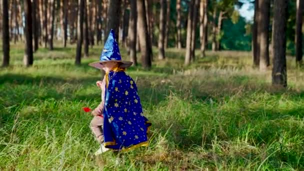 Fantasías infantiles en manto de mago en bosque. Feliz infancia, familia. El chico jugando al mago al aire libre. Una niña, un niño juega con un disfraz de mago, levanta las manos, ondea varita mágica en el parque. Halloween. — Vídeos de Stock