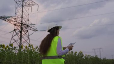 Güvenlik kaskındaki güç mühendisi kadın mühendis tabletteki verileri kullanarak ayçiçeği alanındaki güç hattını kontrol ediyor. Çevre dostu elektrik. Gün batımında yüksek voltajlı elektrik hatları. Güç arzı.