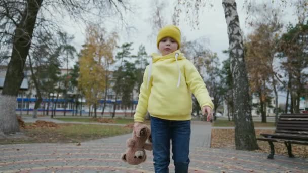 小女孩，一个带着玩具熊的孩子在秋天的公园里散步。一个可爱的婴儿，操场上有一只玩具熊。一个孤独的女孩，带着玩具熊在外面。泰迪熊在孩子的手里，健康的孩子 — 图库视频影像
